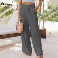 womens latest casual pocket design pants women elastic waist trouser grey khaki wide leg pantalon female ankle length pants