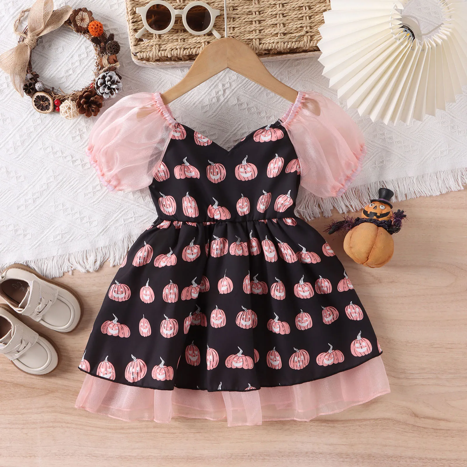 

Hallowmas Kids Girl’s Princess Dress Toddler Girls Short Puff Sleeve Pumpkin Prints Mesh Tulle Lace Tutu Party Dress Vestidos