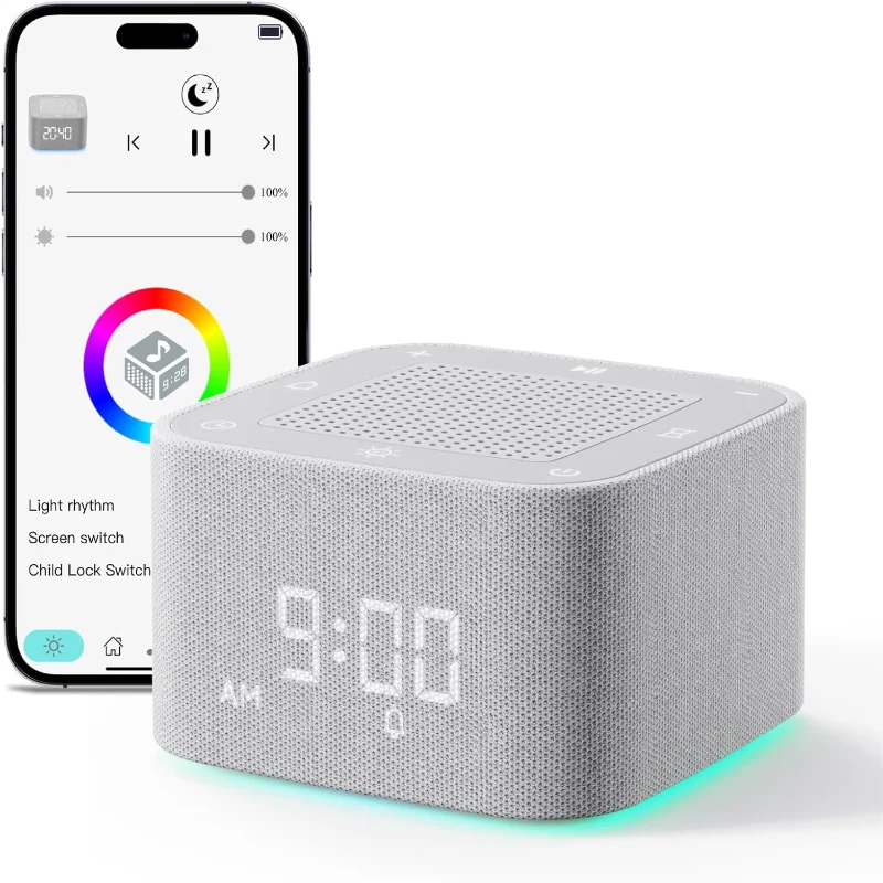 Фото НОВЫЙ будильник, звуковая машина с белым шумом, Bluetooth-динамик, красочные ночные огни 32, успокаивающие звуки, ночник, Рождественский подарок №1