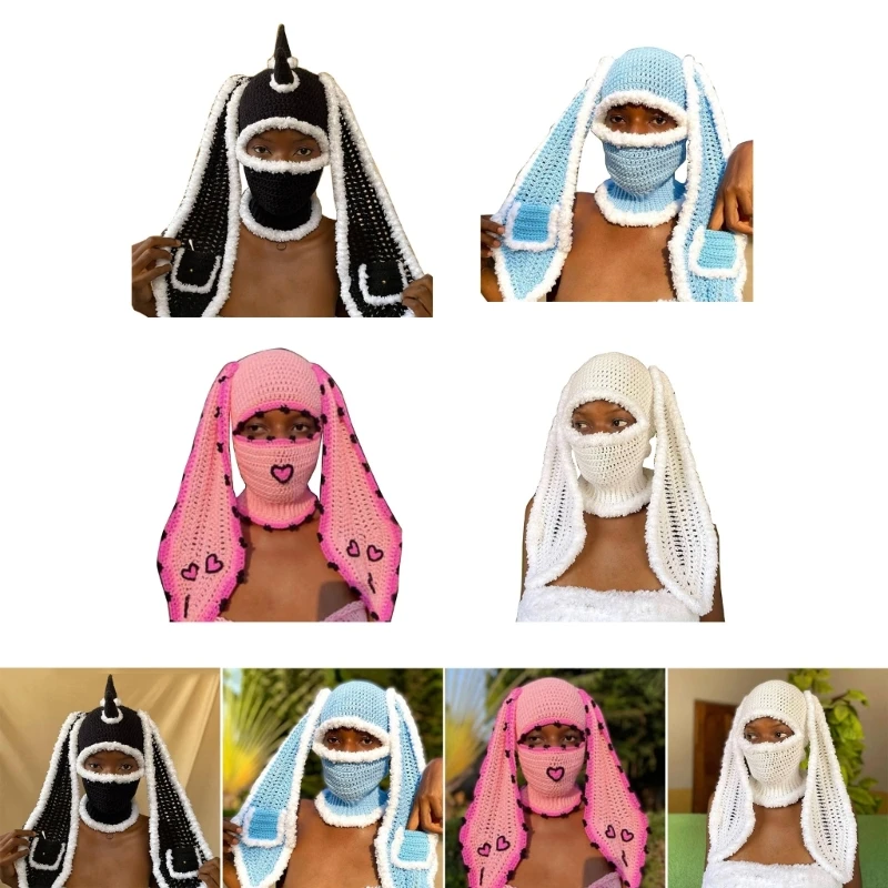 

Новинка, вязаная шапка с кроличьими ушками, вязаная шапка-балаклава для женщин, зимняя теплая шапка-маска для взрослых, костюм