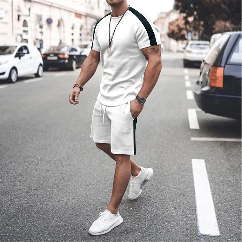 Men Clothes 3D Printed T-shirt Suits Color Block Graphic 2023 Summer Hot Sale Designer Round Neck Ropa Short Sleeve 2 Pcs