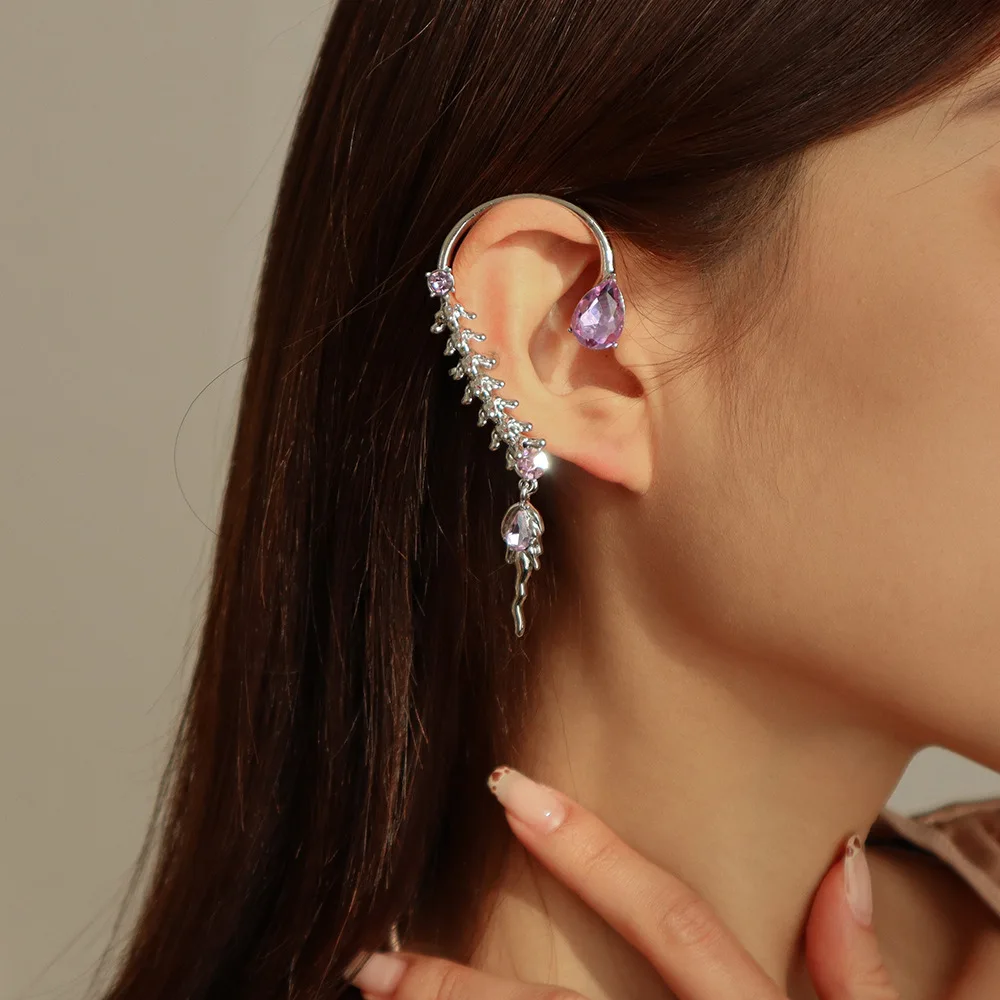 

Creative Wheat Bone Clip Earrings Women's Water Drop Purple Zircon Pierced Earrings Party Earrings Gifts
