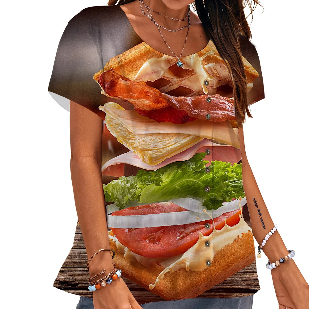 

CLOOCL Fashion Women T-shirt Breakfast Sandwich Graphics 3D Printed Tees Button Decorate Short Sleeve Blouse Oversized Shirt
