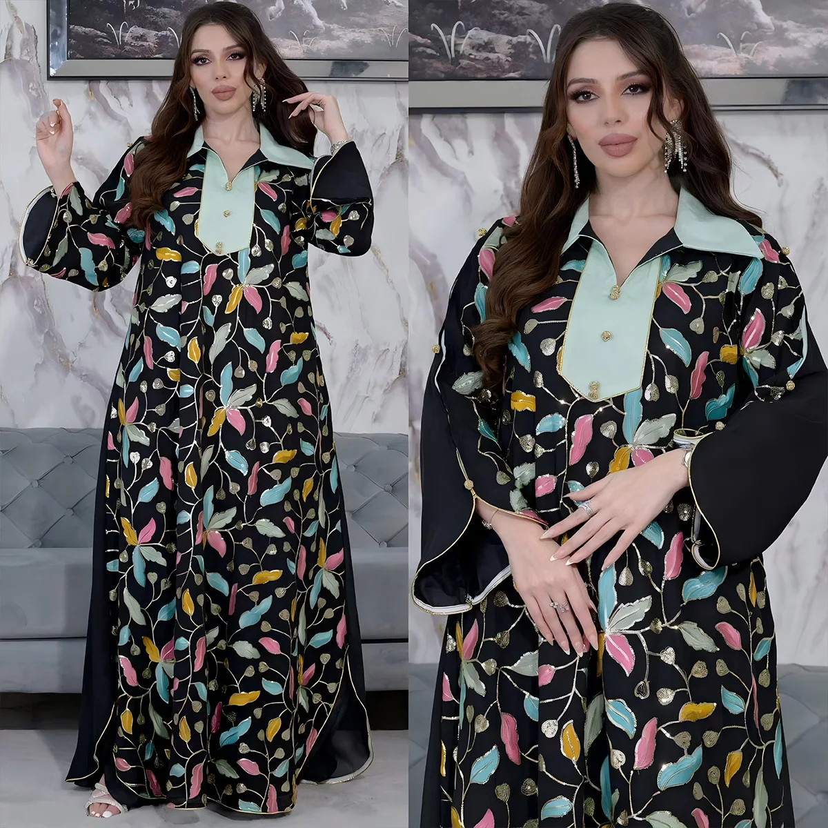 4068 Мусульманское длинное платье с вышивкой бисером Джалабия Арабское Дубая