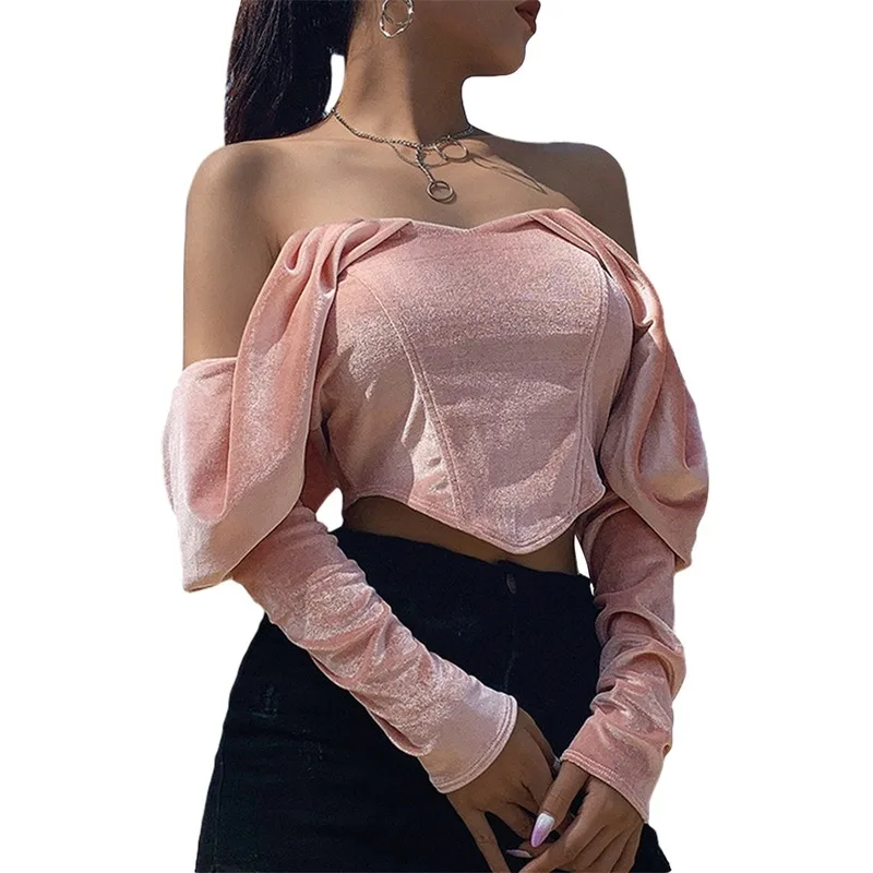 

2021 Fall Women's Pink Off Shoulder T-shirt Sexy Backless Tube Top Cropped Top Korean Y2k Indie Vacation Dating Travelling Party