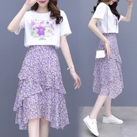 2 pieces womens summer dress suit 2022 style short sleeved printed t shirt high waist chiffon floral skirt two piece suit