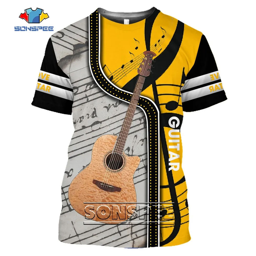 

Футболка SONSPEE с 3D-принтом музыкальных нот, летняя новая Спортивная Футболка Harajuku с коротким рукавом для гитары, рок, графики, музыкальных инструментов