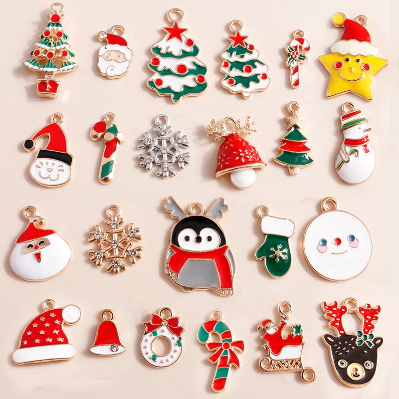 10pcs Enamel Christmas Charms for Earrings Christmas Tree Candy Cane Santa Claus Snowman Gloves Charms & Pendants DIY Jewelry