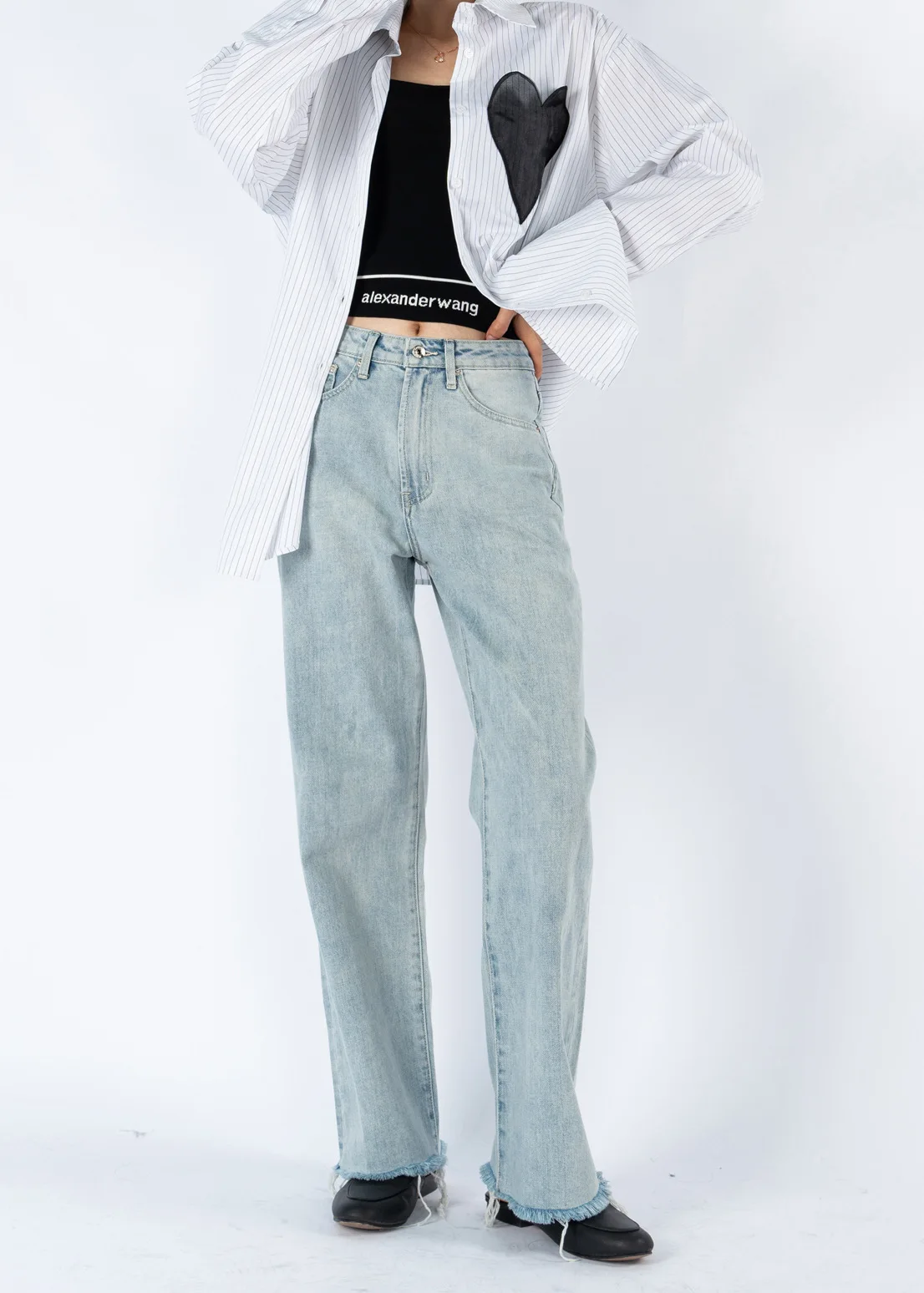 

Women's Light Blue High-Waisted Wide Leg Straight Tube Rough Edge Jeans
