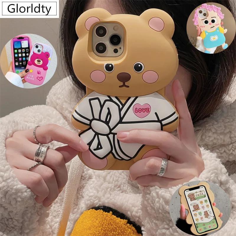 

Ins Japan Cute 3D Cindy Color Bear Plain Phone Case For iPhone 14 13 12 11 Pro XS Max X XR Cartoon Animal Shockproof Soft Cover