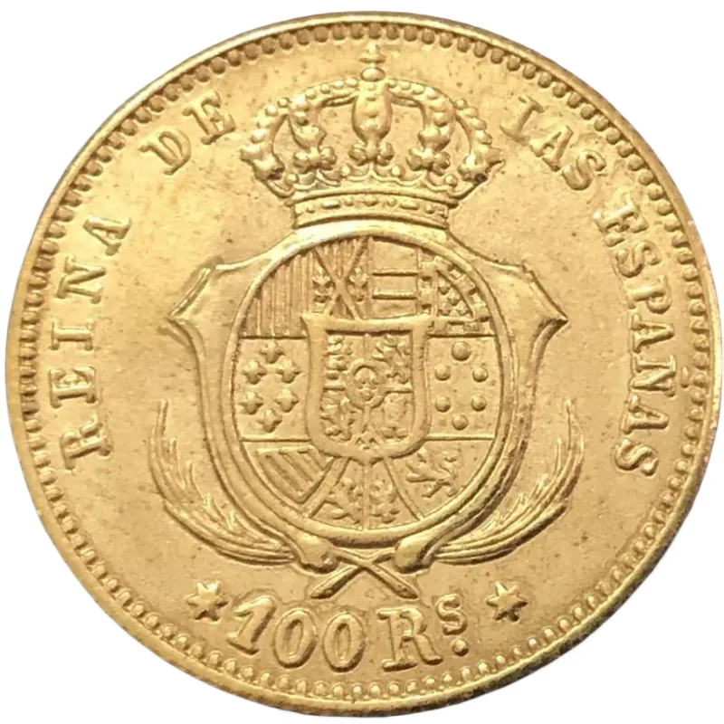 Золотая копия монеты Изабель II 1855 года 100 реалов