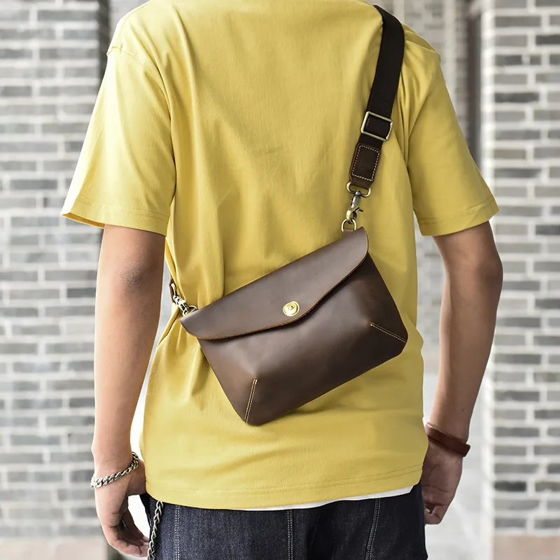 Casual Diagonal Portable Small Bag Men's Natural real Leather Backpack Retro Crazy Horse Leather Shoulder Messenger Bag Clutch