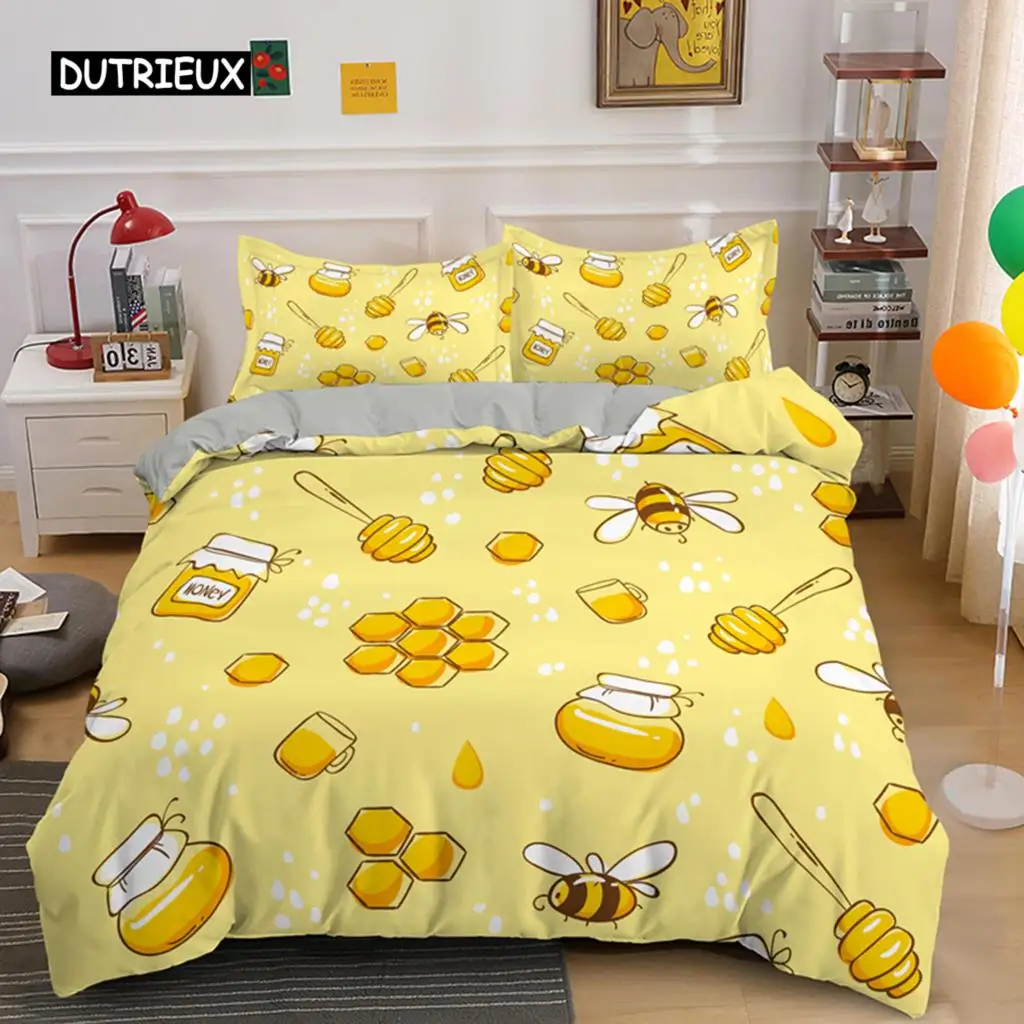 

Cute Cartoon Bee Duvet Cover King Queen Sweet Honey Bedding Set Kids Boys Girl Spring Yellow Flying Insect Polyester Quilt Cover