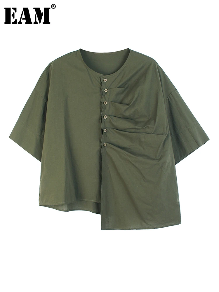 

[EAM] Women Green Irregular Pleated Big Size T-shirt New Round Neck Short Sleeve Fashion Tide Spring Summer 2022 1DF0006
