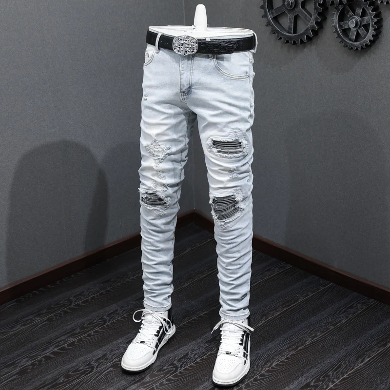 High Street Fashion Men Jeans Retro Light Blue Elastic Stretch Skinny Hole Ripped Jeans Men Patched Designer Hip Hop Brand Pants