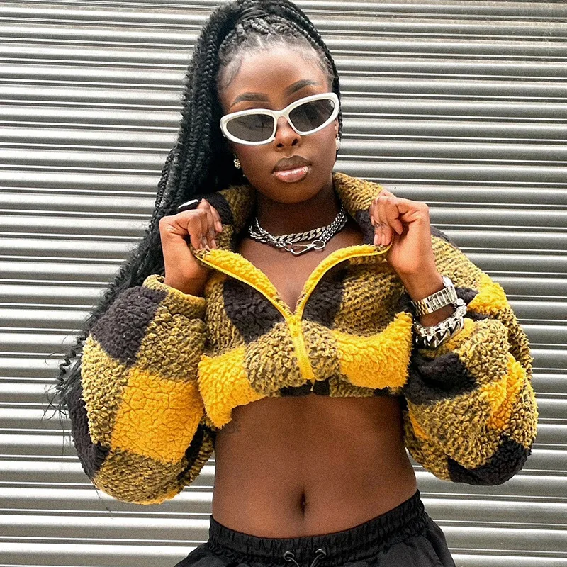 

Wishyear 2023 Зимние Модные женские пальто в стиле хип-хоп верхняя одежда для женщин желтая клетчатая флисовая укороченная куртка с капюшоном на ...