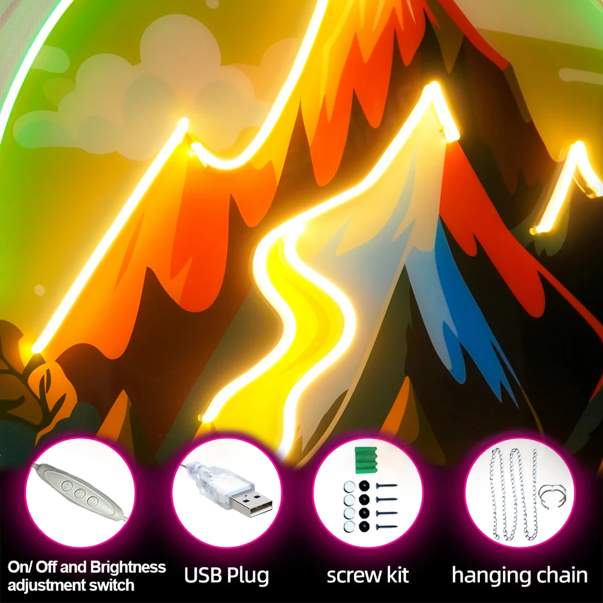 Неоновая вывеска в виде горного пейзажа настенный Декор для дома заката восхода