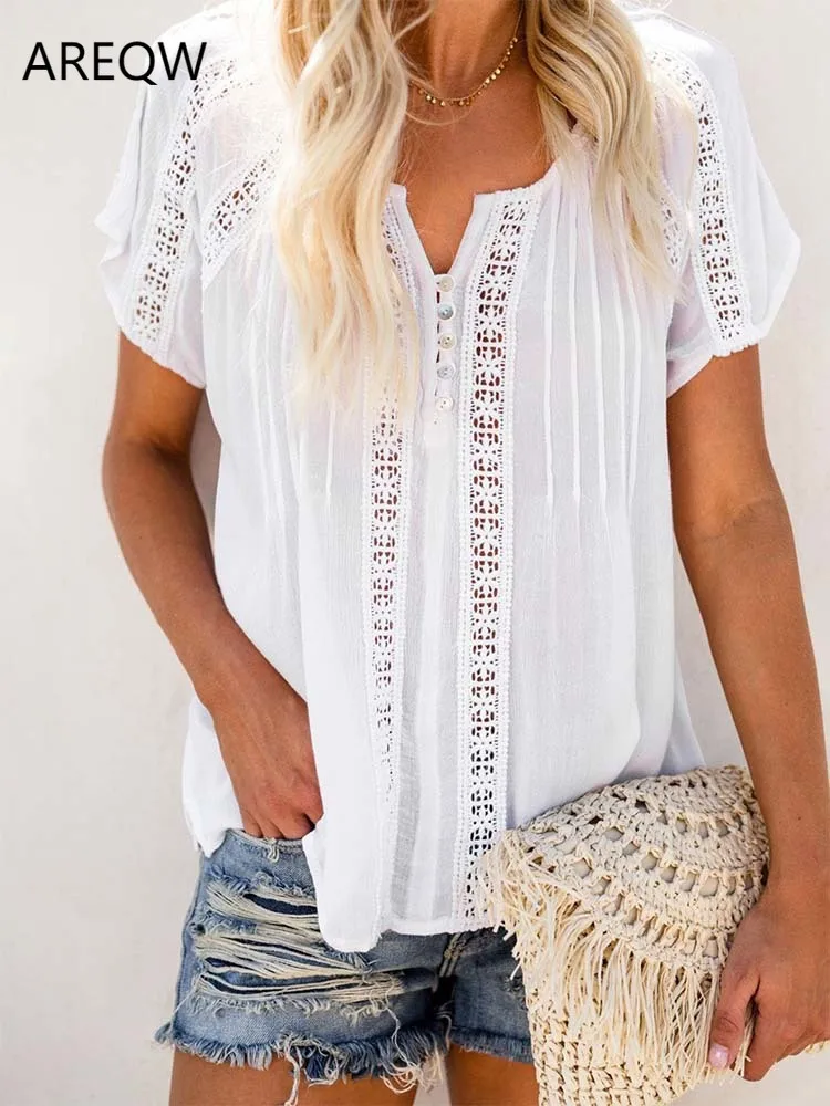 

Блузка женская с коротким рукавом и V-образным вырезом, однотонная, батальных размеров