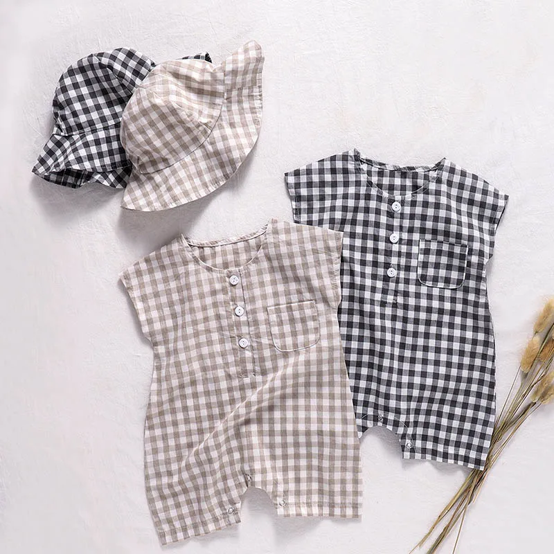 

Infant Baby Boys Girls Plaid Sleeveless Cotton Jumpsuit+Hat Summer Toddler Baby Boys Girl Romper Baby Girls Clothes