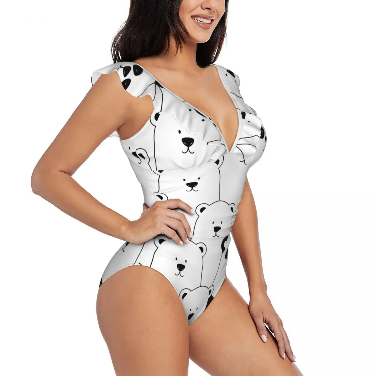 Swimwear Women One Piece Swimsuit Funny Polar Bears Panda Female Swimming Bikinis Push Up Monokini Sexy Ruffle Bathing Suit