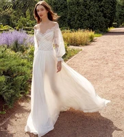 2022 bohemian puff sleeves chiffon wedding dress high slit lace appliques beach bridal gown beach party vestido de noiva