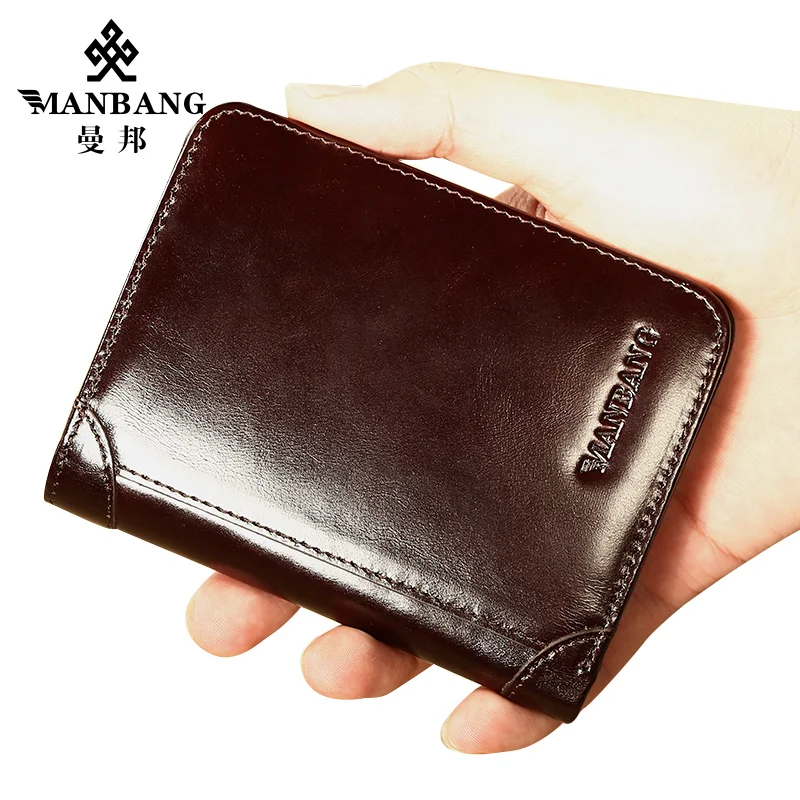 ManBang Male Genuine Leather Wallets Men Wallet Credit Business Card Holders Vintage Brown Leather Wallet Purses High Quality