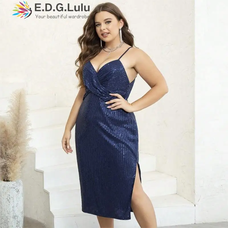 

EDGLuLu Spaghetti Strap V-Neck Plus Size Summer Dress Women 2023 Elegant Backless Blue Sequin Dress Sexy Party Evening Dress0824