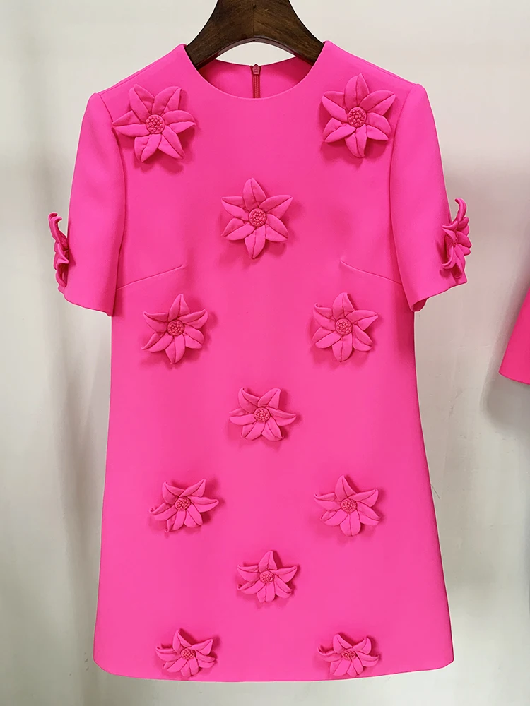 HIGH STREET Newest 2023 Designer Fashion Women's Short Sleeve Handmade 3D Flowers Appliques Elegant Dress