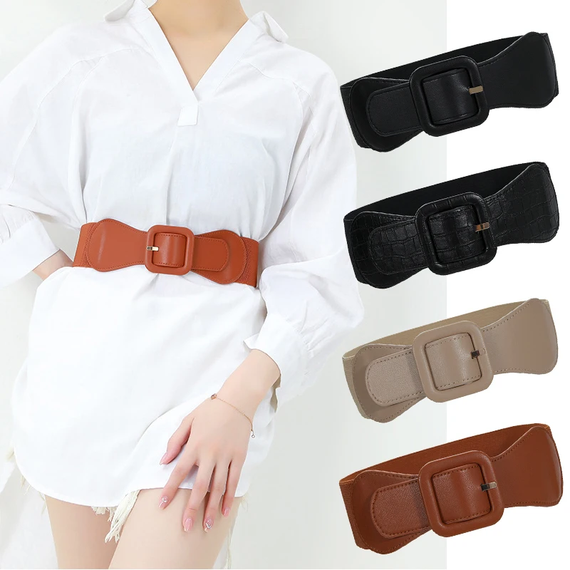 Vintage Leather Elastic Wide Belt Women'S Stretchy Waistband Female Waist Cinch Fashion Decorative Cummerbund With Pin Buckle