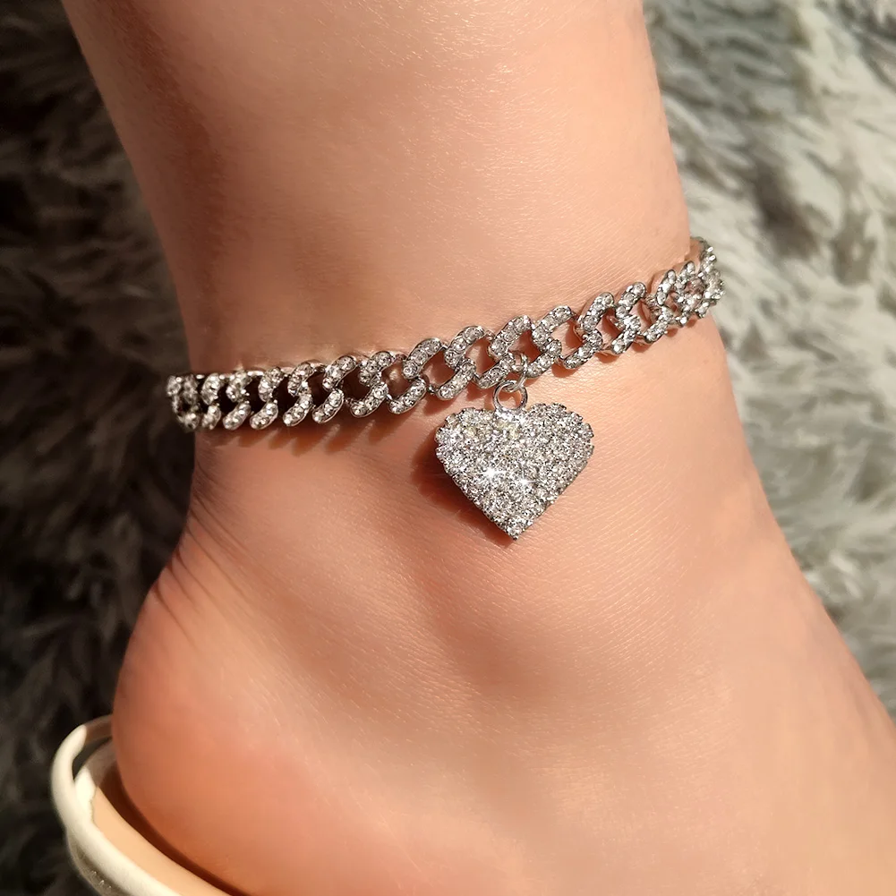 

Flatfoosie Hip Hop Bling Heart Crystal Cuban Chain Anklets For Women Iced Out Paved Rhinestone Link Anklet Bracelet Foot Jewelry