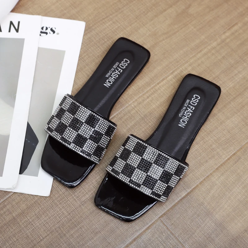 2022 Summer Concise Checkered Women Flat Heels Slippers Luxury Design Rhinestone Slides Flip Flops Woman Mules Shoes Plus Size