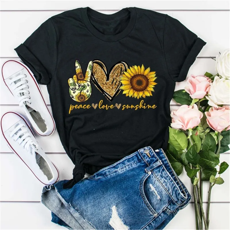 

Peace Love Sunshine Print Women T Shirt Short Sleeve O Neck Loose Women Tshirt Ladies Tee Shirt Tops Clothes Camisetas Mujer