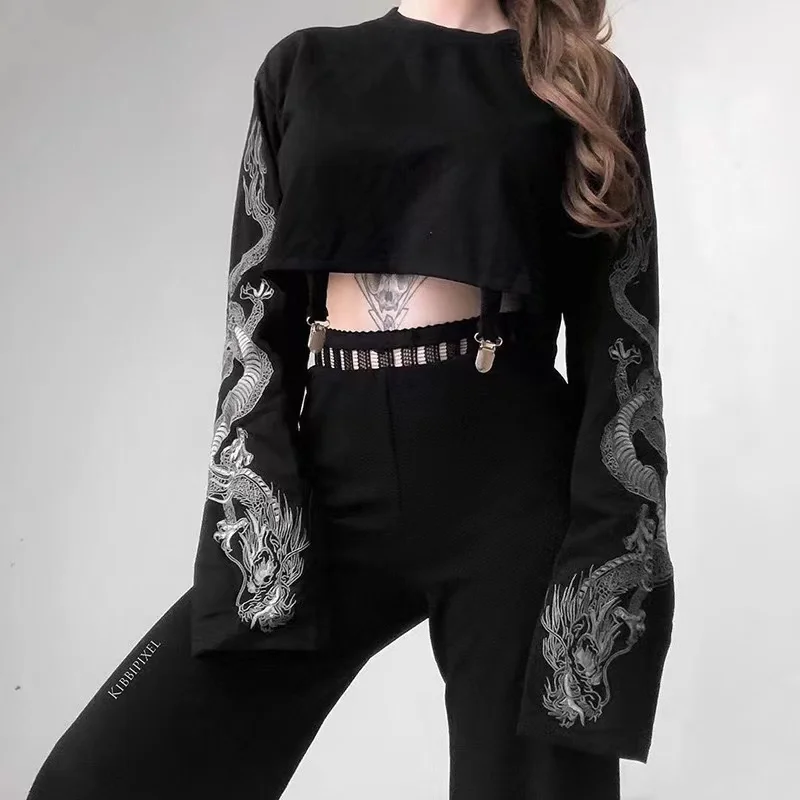 

Dragon Embroidered Sweatsirt 2000s Streetwear Simple Long Sleeve Autumn Crop Top Hip Hop Punk Y2k Harajuku Sweatshirt Women