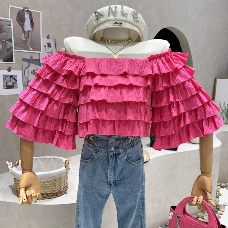 

New Women's Clothing 2022 Spring off shoulder shirt long sleeve layer layered cake design Tops feminine blouses