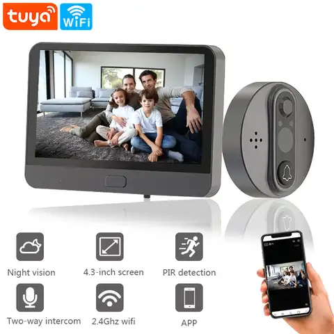 Дверной видеоглазок с Wi-Fi, камера для наблюдения за дверным звонком, с ЖК-монитором, ночным видением, управлением через приложение Tuya, для до...