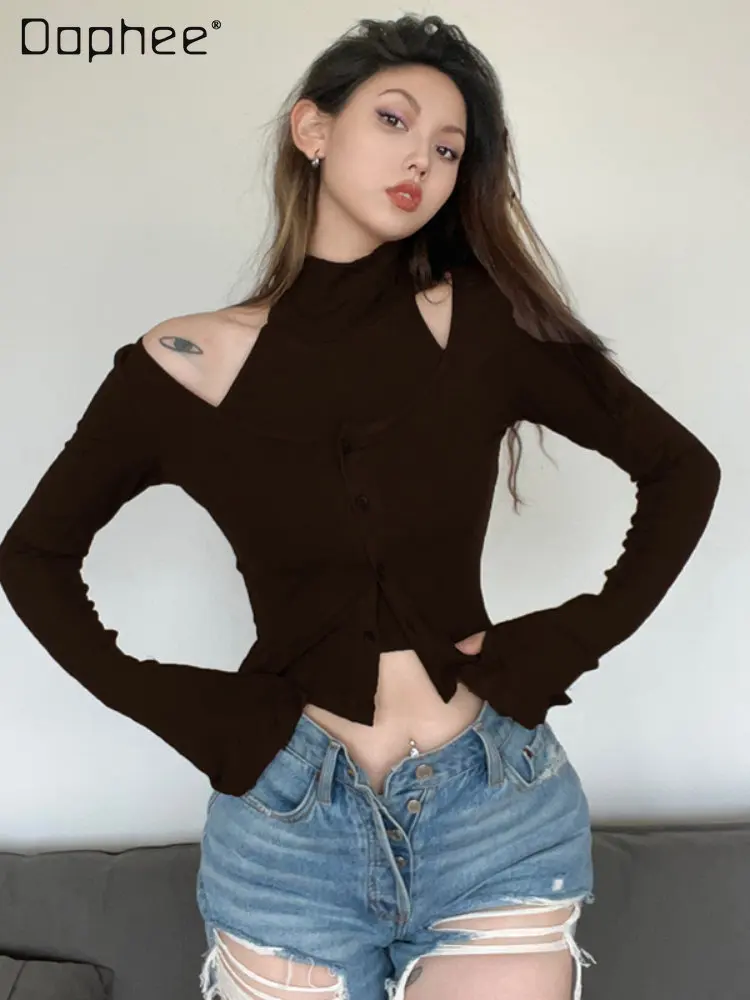 

Женский ретро-жилет с коричневым воротником, однотонная приталенная Футболка с рукавами-колокольчиками, женская уличная одежда