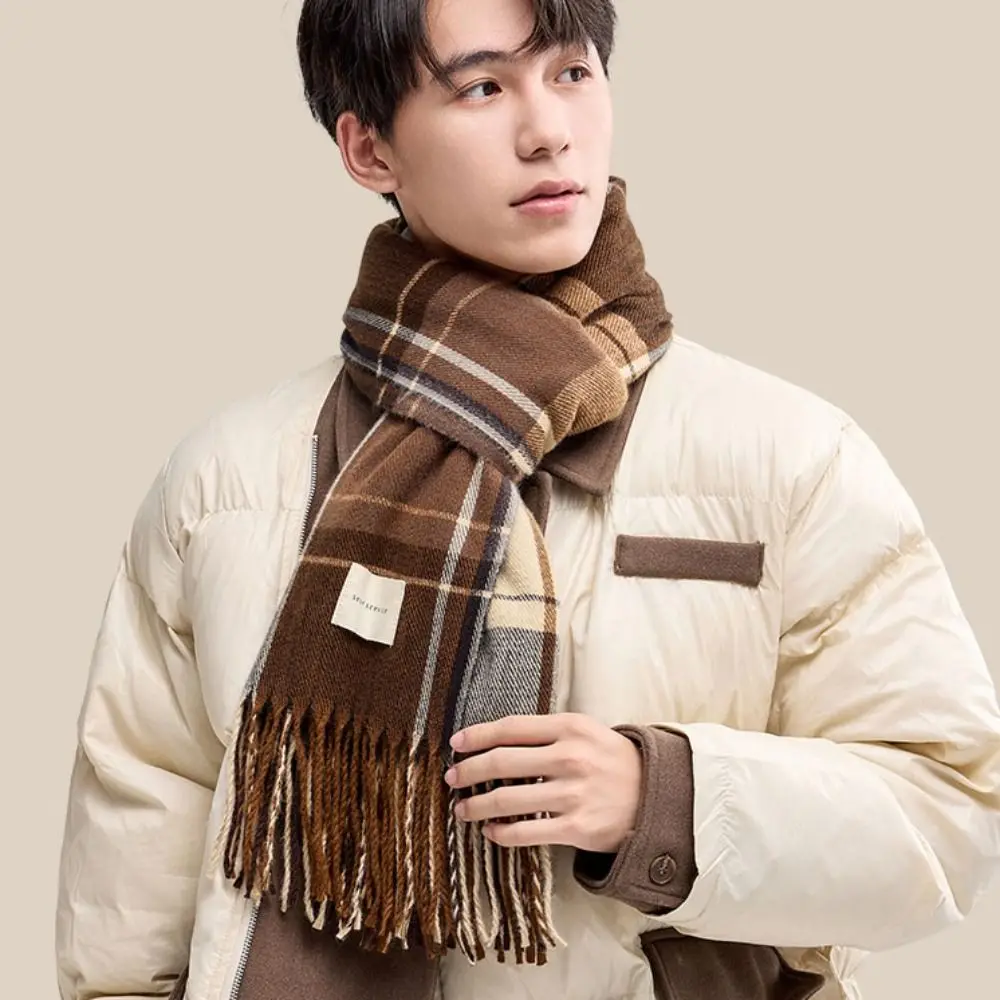 Ветрозащитный клетчатый шерстяной шарф с кисточками плюшевая кашемировая шаль