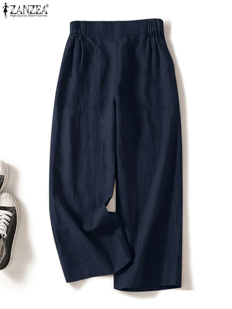 

ZANZEA Women Vintage Pants 2023 Elastic Waist Trousers Casual Solid Cotton Trousers Female Loose Long Pants Bottoms Oversized