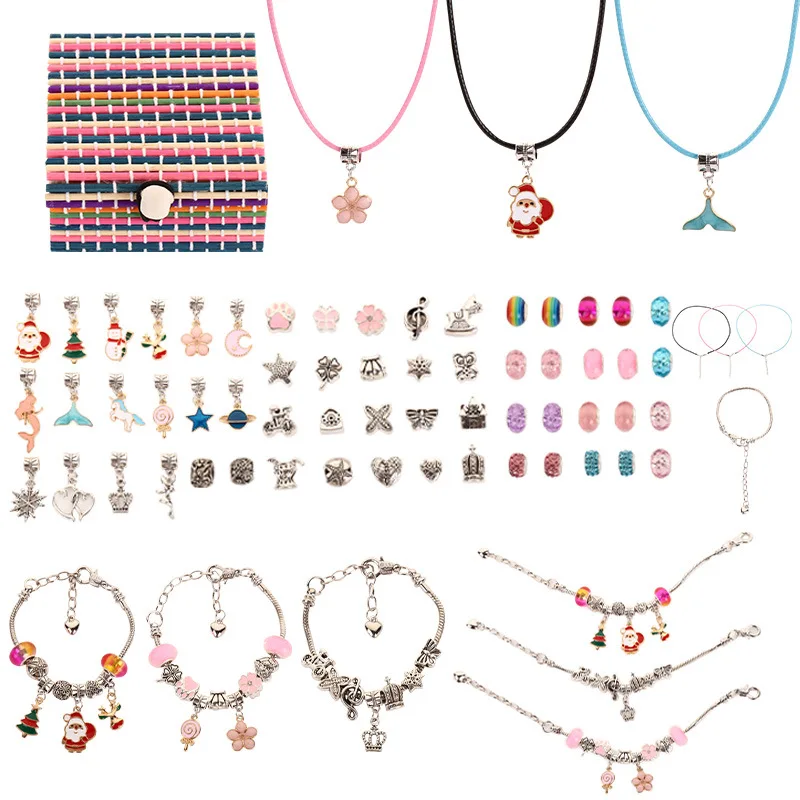 

Pink Crystal Bracelet Children's Bracelet Large Hole Beaded DIY Christmas Gift Set Waxed Rope Pendant Necklace