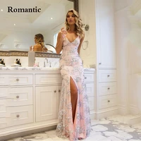 romantic pink tulle evening gowns spaghetti strap side split long prom dress with appliques for birthday party robes de soir%c3%a9e