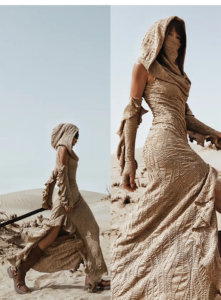 Оригинальное вязаное ретро-платье Desert Wasteland в стиле панк с большим капюшоном и