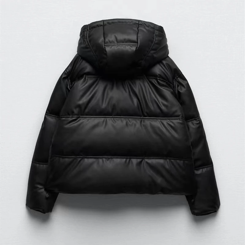 2023 Women Padded Jacket Faux PU Leather Winter Warm Loose Hooded Pocket Fashion Vintage Thick Quilted Parkas Girl Outerwear Top