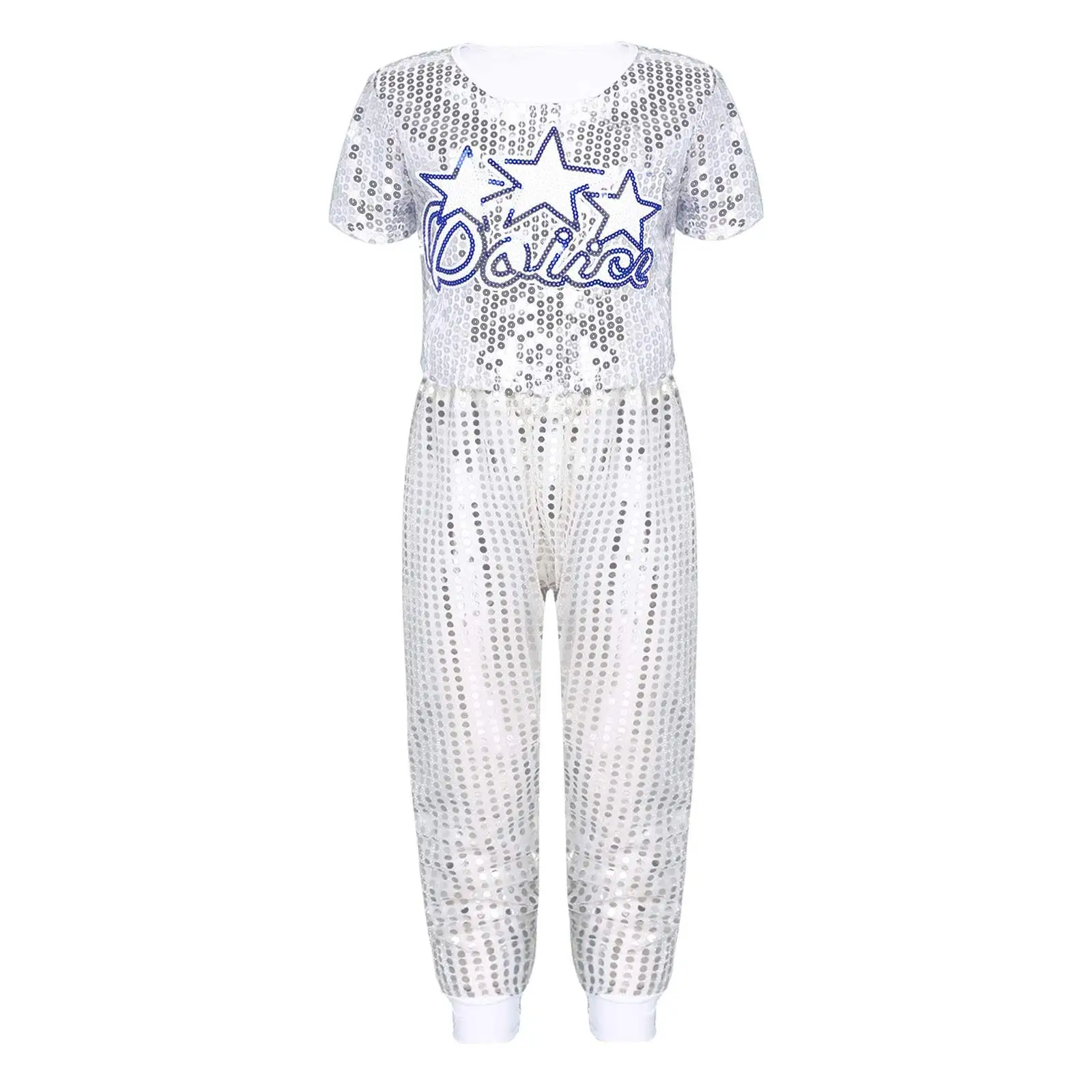 

Kids Jazz Dance Costumes Boys Girls Shiny Sequins Performance Outfit Hip Hop Street Dancewear Short Sleeve Tops With Pants Set