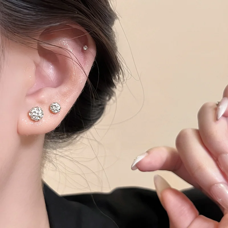 Ear Piercing Zircon Silver Needle Stud Earrings Women High Sense Bone Simple Cold Wind