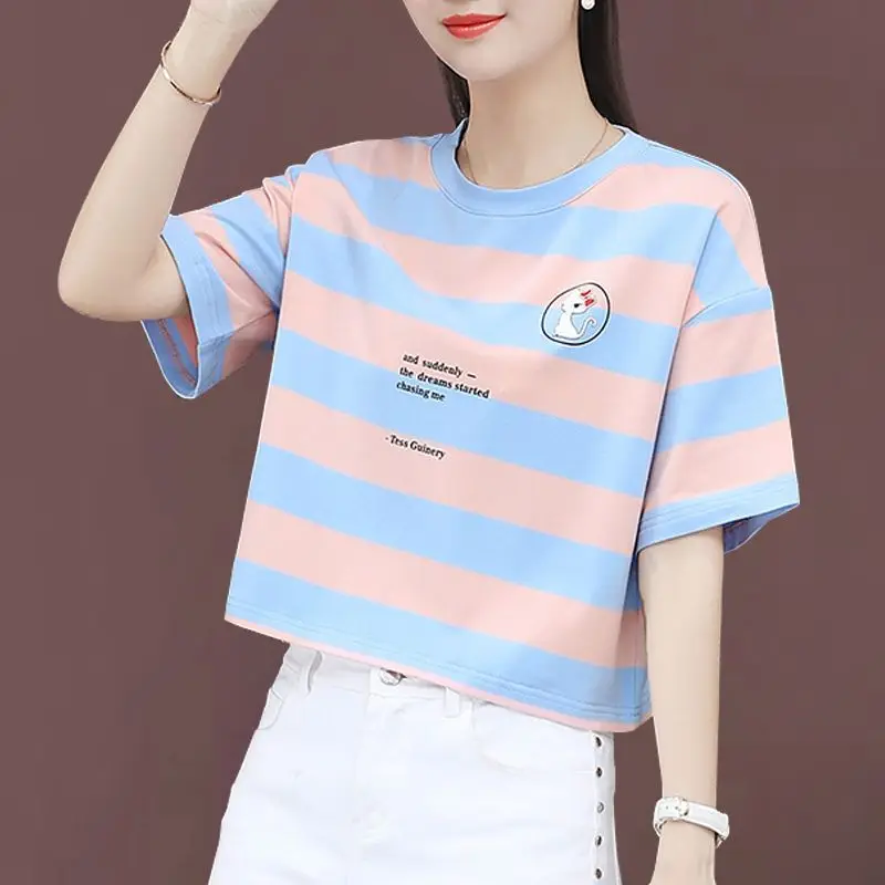 

Женская футболка в полоску [100% хлопок], белая короткая Повседневная футболка с подкладкой, лето 2023