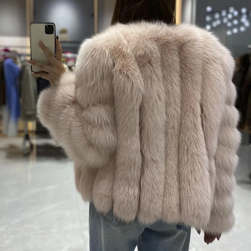 Роскошное розовое женское пальто из натурального лисьего меха короткая верхняя