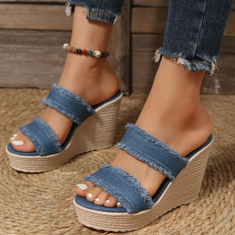 

2023 Women Denim Summer Wedges High Heels Shoes Straw Women's Espadrilles Mules Slipper Sandals Slip on Platform Leisure