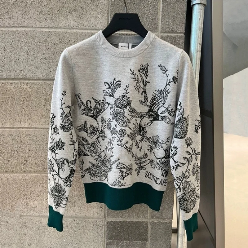 

Autumn/Winter Korean Golf Women's Clothing Pullover Round Neck Printed Knitwear Outdoor Sports Grey Sweater Long Sleeve