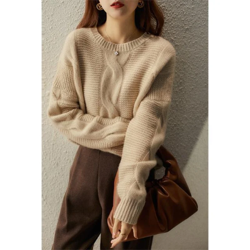 

Pullover Sweater Autumn and Winter 2023 Fashion Twisted Round Neck Casual Long Sleeve Versatile Top Knitted Sweaters for Women
