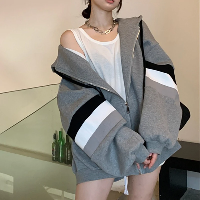 

autumn Sweatshirt Hooded cardigan jacket harajuku stripe oversized Hoodies Women zipper coats gray Sportswear korean y2k Hoodie